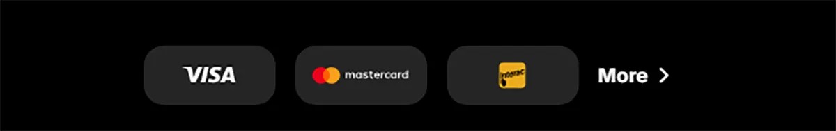 Payment methods row showing Visa, Mastercard, and Jeton icons alongside a “More” link on a dark background.