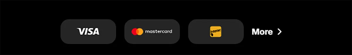 Payment methods row showing Visa, Mastercard, and Jeton icons alongside a “More” link on a dark background.