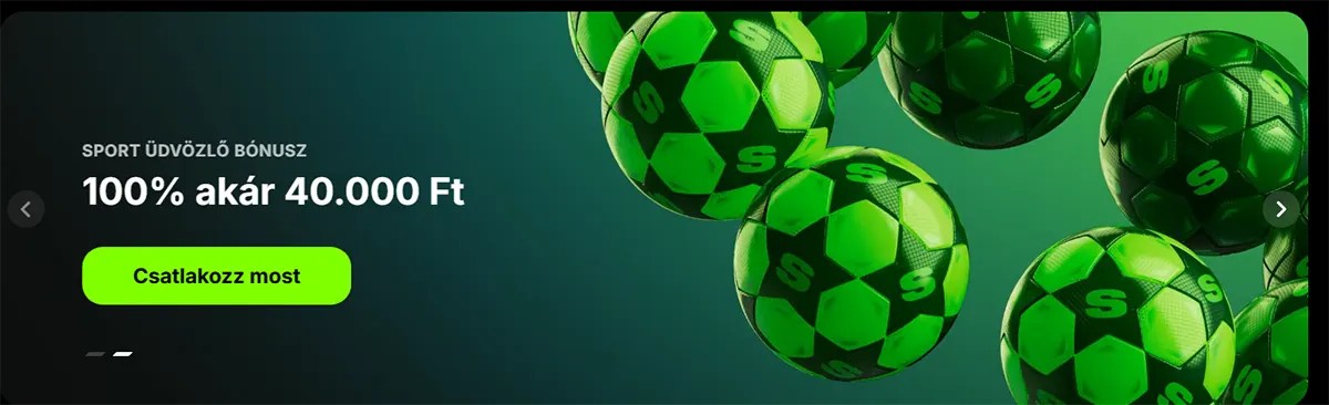 Sports bonus banner showing a first deposit offer of 100% up to €100, with a bright green “Join now” button and multiple green footballs on a dark background.