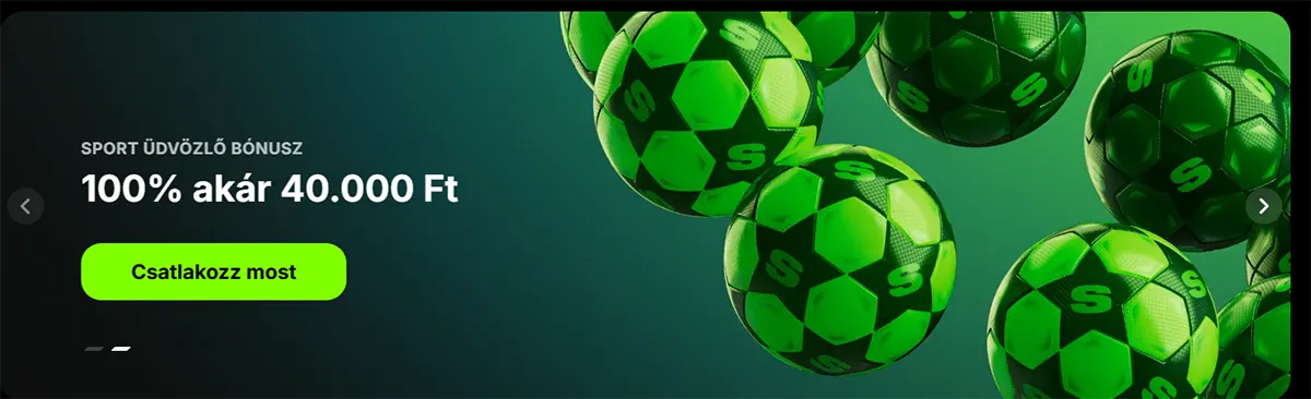 Sports bonus banner showing a first deposit offer of 100% up to €100, with a bright green “Join now” button and multiple green footballs on a dark background.
