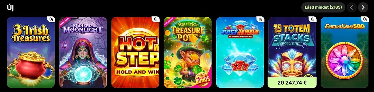 New casino games row featuring 3 Irish Treasures, Madame Moonlight, Hot Step Hold and Win, Patrick’s Treasure Pots, Juicy Jewels, 15 Totem Stacks Hold & Win, and Fortune Gems 500 on a dark interface.