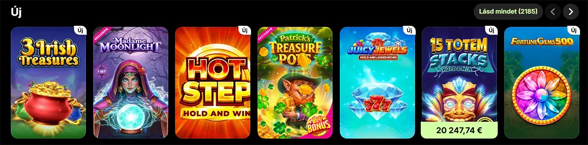 New casino games row featuring 3 Irish Treasures, Madame Moonlight, Hot Step Hold and Win, Patrick’s Treasure Pots, Juicy Jewels, 15 Totem Stacks Hold & Win, and Fortune Gems 500 on a dark interface.